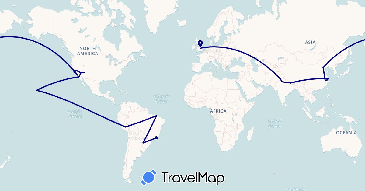 TravelMap itinerary: driving in Argentina, Brazil, China, United Kingdom, India, Nepal, Peru, United States (Asia, Europe, North America, South America)